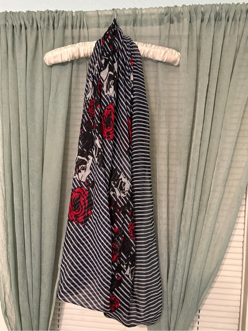 Striped Navy infinity scarf with Red Rose Accent